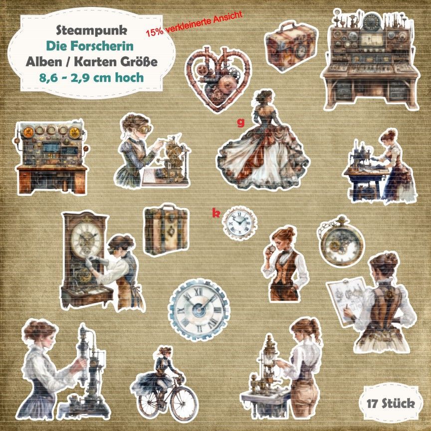 Steampunk - Die Forscherin - Alben - Karten / ATC - Größe - 17 Stanzteile - Die Cut