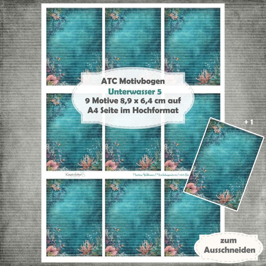 Unterwasser 5 - ATC Motivbogen - A4 Hochformat - 1 Seite mit 9 Motiven