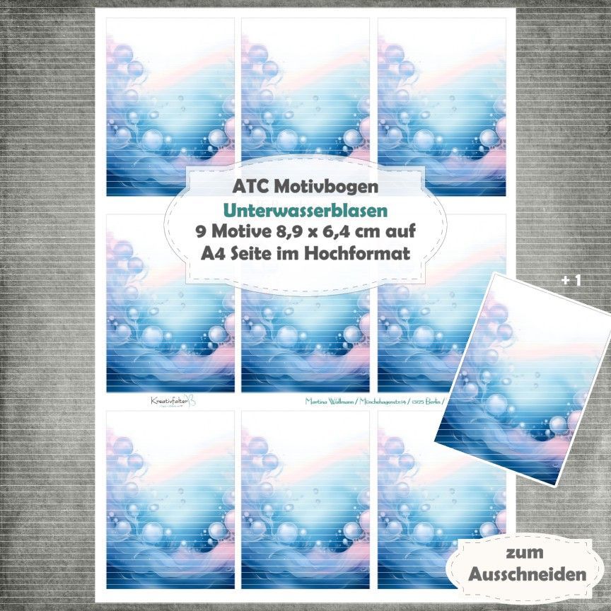 Unterwasserblasen - ATC Motivbogen - A4 Hochformat - 1 Seite mit 9 Motiven