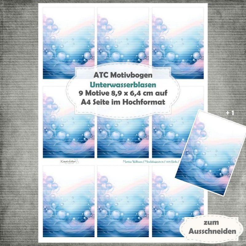 Unterwasserblasen - ATC Motivbogen - A4 Hochformat - 1 Seite mit 9 Motiven