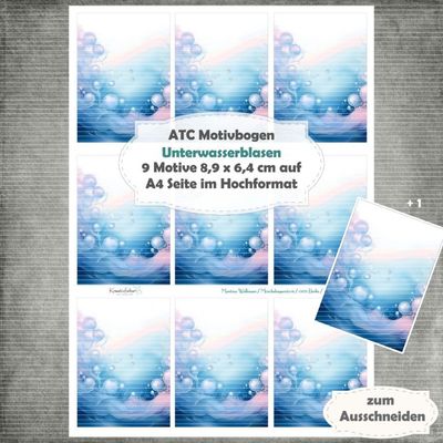 Unterwasserblasen - ATC Motivbogen - A4 Hochformat - 1 Seite mit 9 Motiven