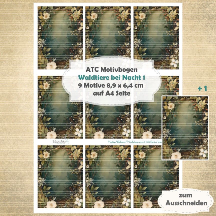 Waldtiere bei Nacht 1 - ATC Motivbogen - A4 Hochformat - 1 Seite mit 9 Motiven