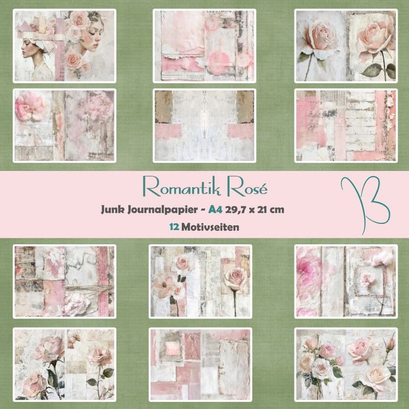 Romantik Rosé - A4 - Junk Journal Seiten - quer - 12 Seiten