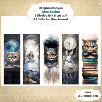 Alice Zauber -  Bellybandbogen - Lesezeichen - A4 quer - 1 Seite mit 5 Motiven