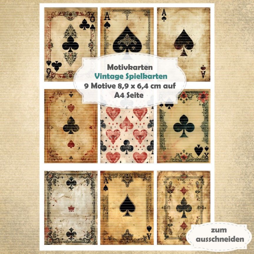 Vintage Spielkarten - Motivkarten  - A4 Hochformat - 1 Seite mit 9 Motiven