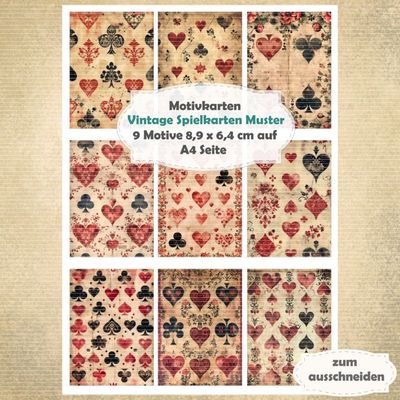 Vintage Spielkarten Muster - Motivkarten - A4 Hochformat - 1 Seite mit 9 Motiven