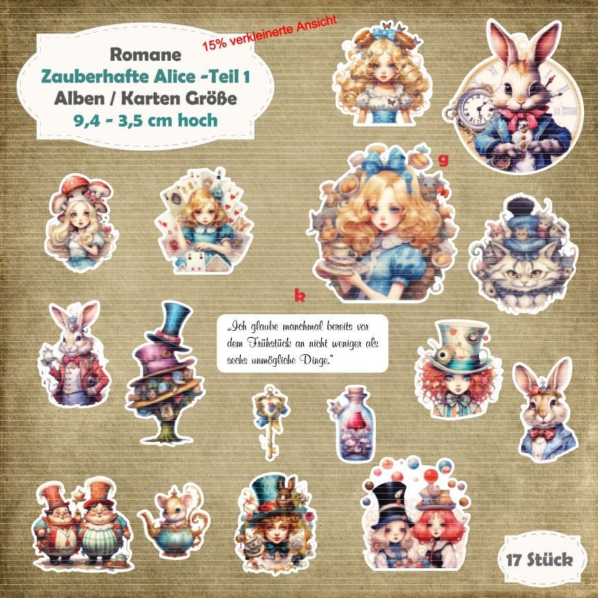 Zauberhafte Alice -Teil 1 - 210g - Alben / Karten /  ATC Größe - 17 Stanzteile - Die Cut