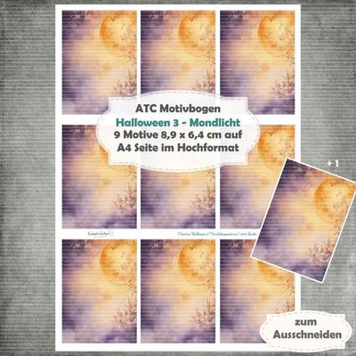 Halloween 3  - Mondlicht - ATC Motivbogen - A4 Hochformat - 1 Seite mit 9 Motiven