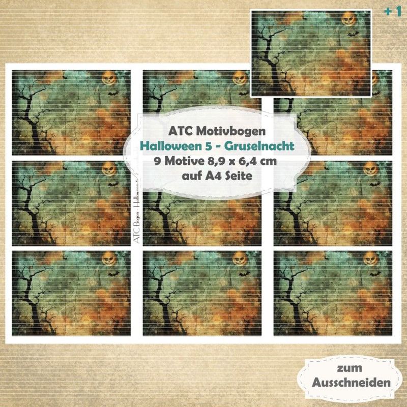 Halloween 5  - Gruselnacht - ATC Motivbogen - A4 Querformat - 1 Seite mit 9 Motiven