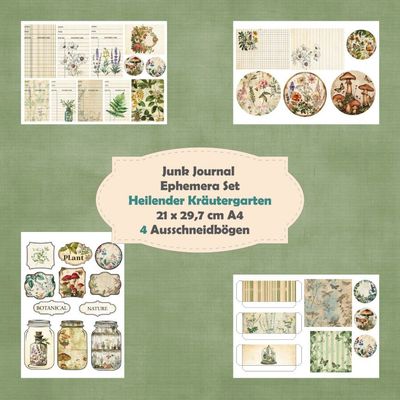 Heilender Kräutergarten - Ephemera Set - Ausschneidebögen - Junk Journal - A4 -   Seiten