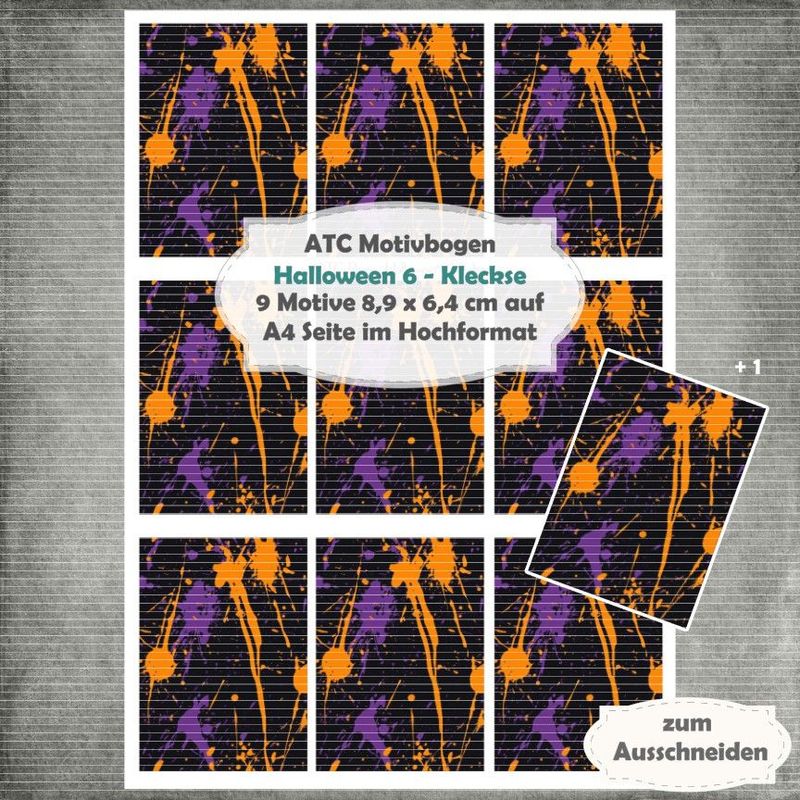 Halloween 6  - Kleckse - ATC Motivbogen - A4 Hochformat - 1 Seite mit 9 Motiven