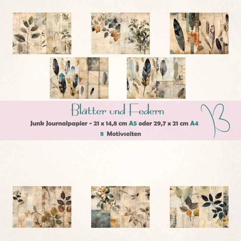 Blätter und Federn - Junk Journal Seiten - A4 oder A5 quer - 8 Seiten