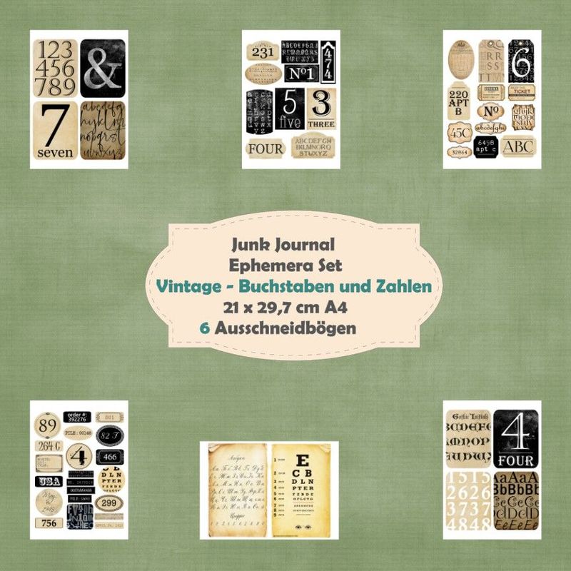 Vintage - Buchstaben und Zahlen - Ephemera - Ausschneidebögen - Junk Journal -  6 Seiten