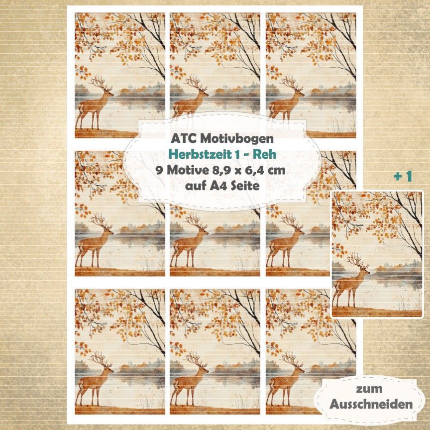 Herbstzeit 1 - Reh - ATC Motivbogen - A4 Hochformat - 1 Seite mit 9 Motiven*
