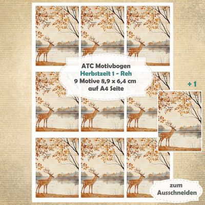 Herbstzeit 1 - Reh - ATC Motivbogen - A4 Hochformat - 1 Seite mit 9 Motiven