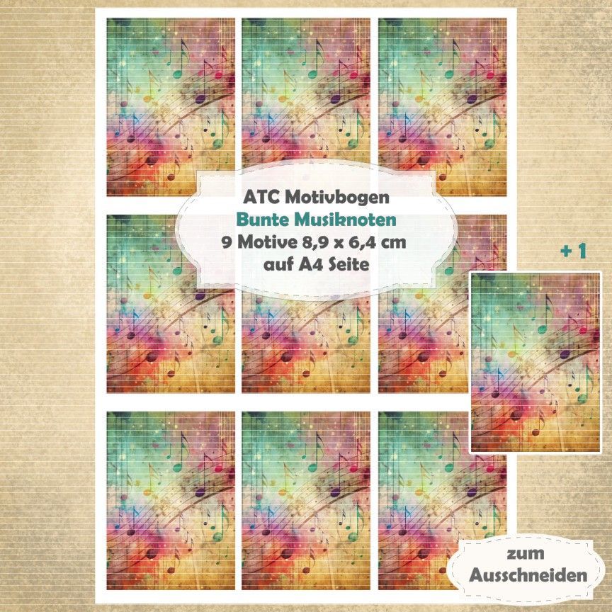Bunte Musiknoten  - ATC Motivbogen - A4 - 1 Seite mit 9 Motiven