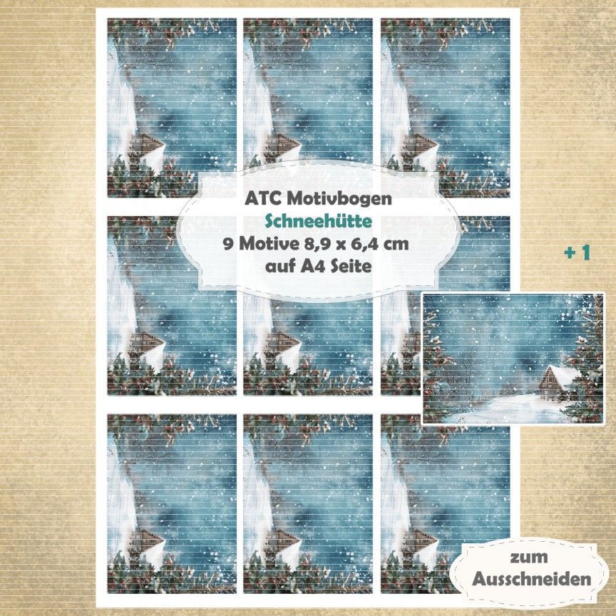 Schneehütte - ATC Motivbogen - A4 Querformat - 1 Seite mit 9 Motiven*