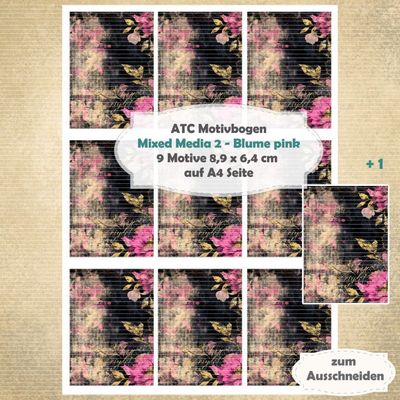 Mixed Media 2 - Blume pink - ATC Motivbogen - A4 - 1 Seite mit 9 Motiven