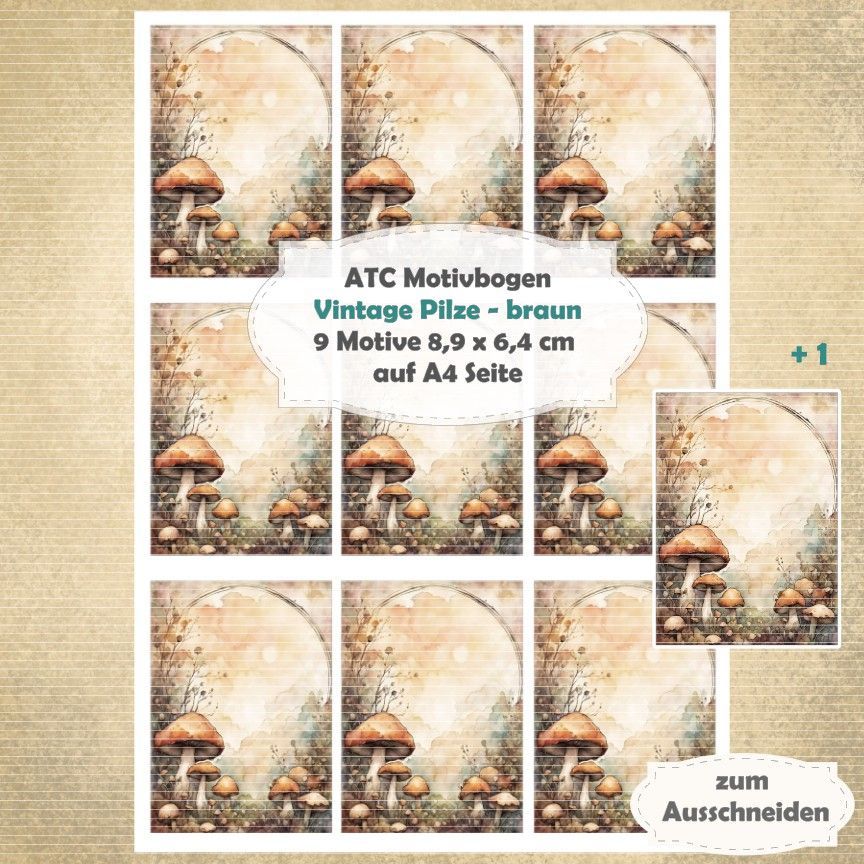 Vintage Pilze - braun - ATC Motivbogen - A4 Hochformat - 1 Seite mit 9 Motiven