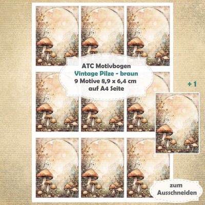 Vintage Pilze - braun - ATC Motivbogen - A4 Hochformat - 1 Seite mit 9 Motiven