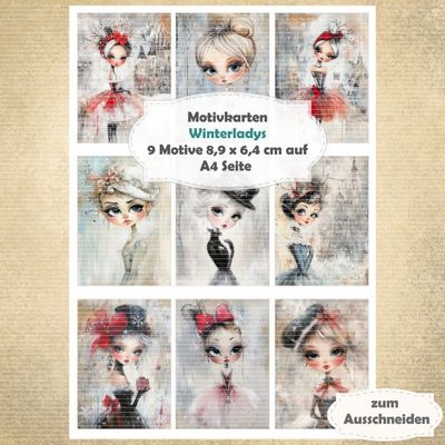 Winterladys - Porträt Kartenbogen - A4 Hochformat - 1 Seite mit 9 Motiven