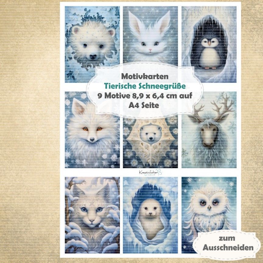 Tierische Schneegrüße - Motivkarten - A4 Hochformat - 1 Seite mit 9 Motiven