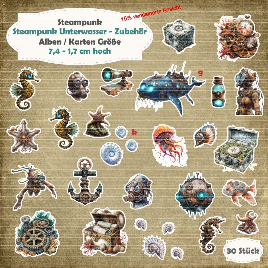 Steampunk Unterwasser - Zubehör - 210g - Alben - Karten / ATC - Größe - 30 Stanzteile - Die Cut