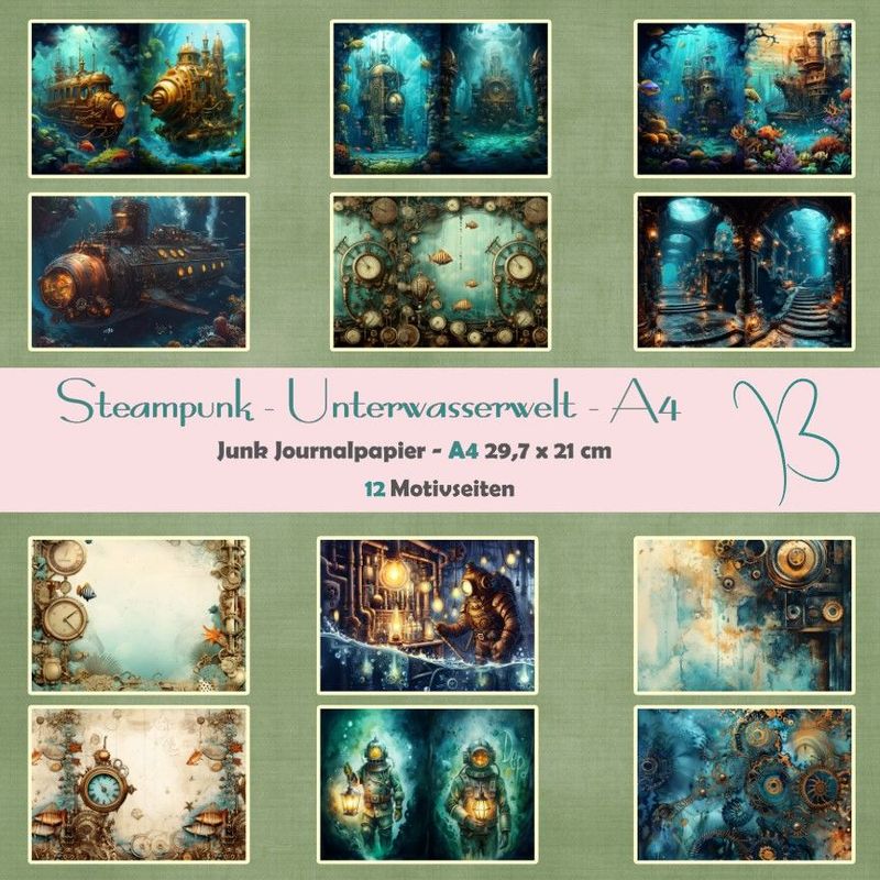 Steampunk - Unterwasserwelt - Junk Journal Seiten - A4 - 12 Seiten