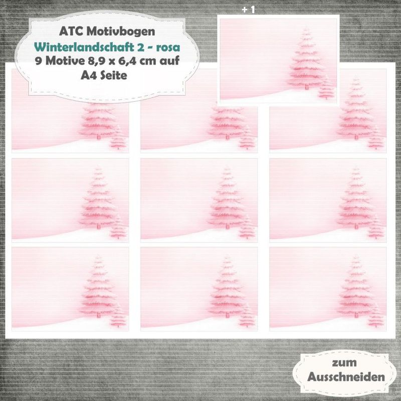 Winterlandschaft 2 - rosa - ATC Motivbogen - A4 - 1 Seite mit 9 Motiven