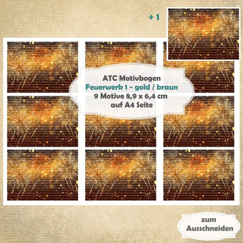 Feuerwerk 1 - gold / braun - ATC Motivbogen - A4 - 1 Seite mit 9 Motiven