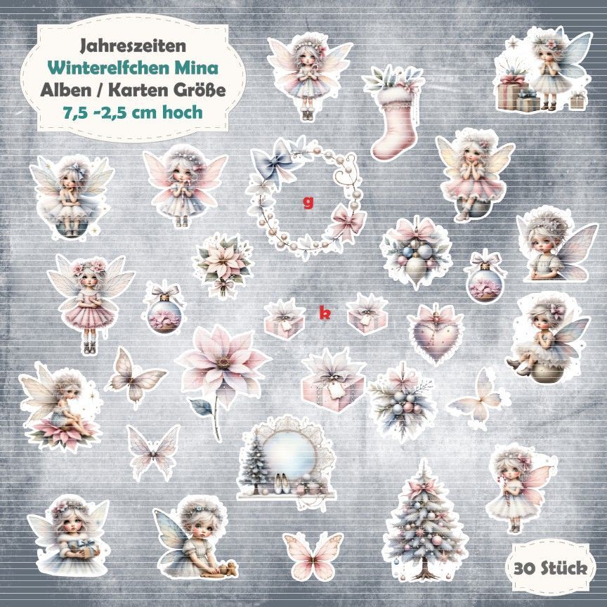 Winterelfchen Mina - 300g - Alben / Karten / ATC Größe - 30 Stanzteile - Die Cut Winterelfchen Mina - 300g - Alben / Karten / ATC Größe - 30 Stanzteile - Die Cut