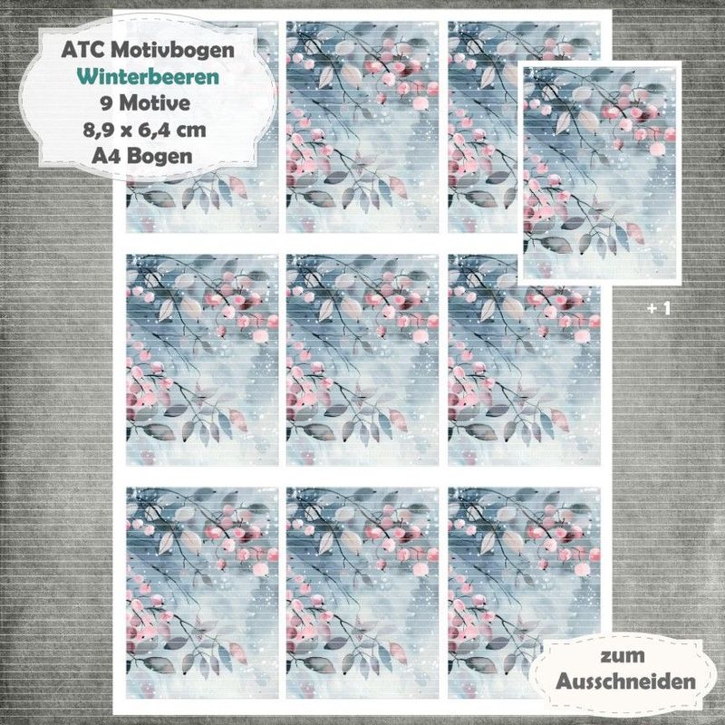 Winterbeeren - ATC Motivbogen - A4 - 1 Seite mit 9 Motiven