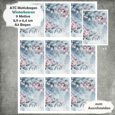 Winterbeeren - ATC Motivbogen - A4 - 1 Seite mit 9 Motiven