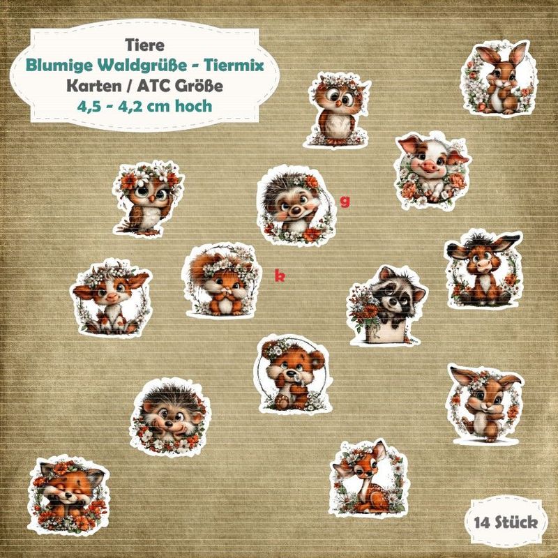 Blumige Waldgrüße - Tiermix - 210g - Karten / ATC Größe - 14 Stanzteile - Die Cuts