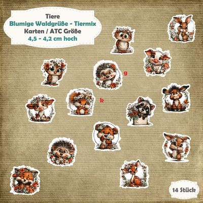 Blumige Waldgrüße - Tiermix - 210g - Karten / ATC Größe - 14 Stanzteile - Die Cuts