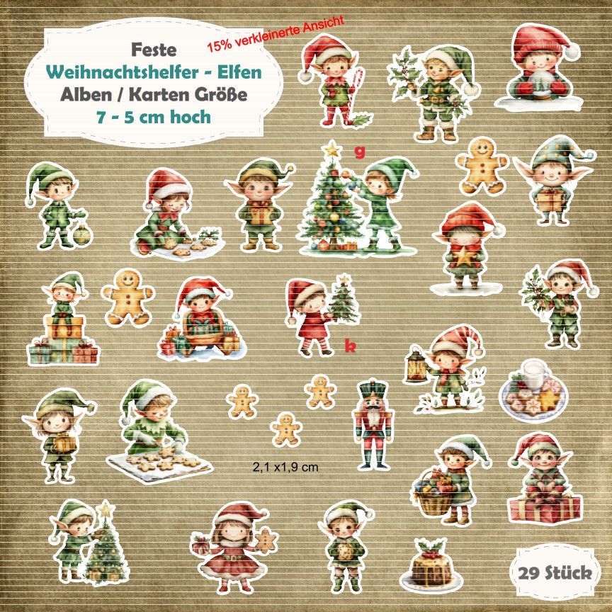 Weihnachtshelfer - Elfen -210g - Alben / Karten Größe - 29 Stanzteile - Die Cut