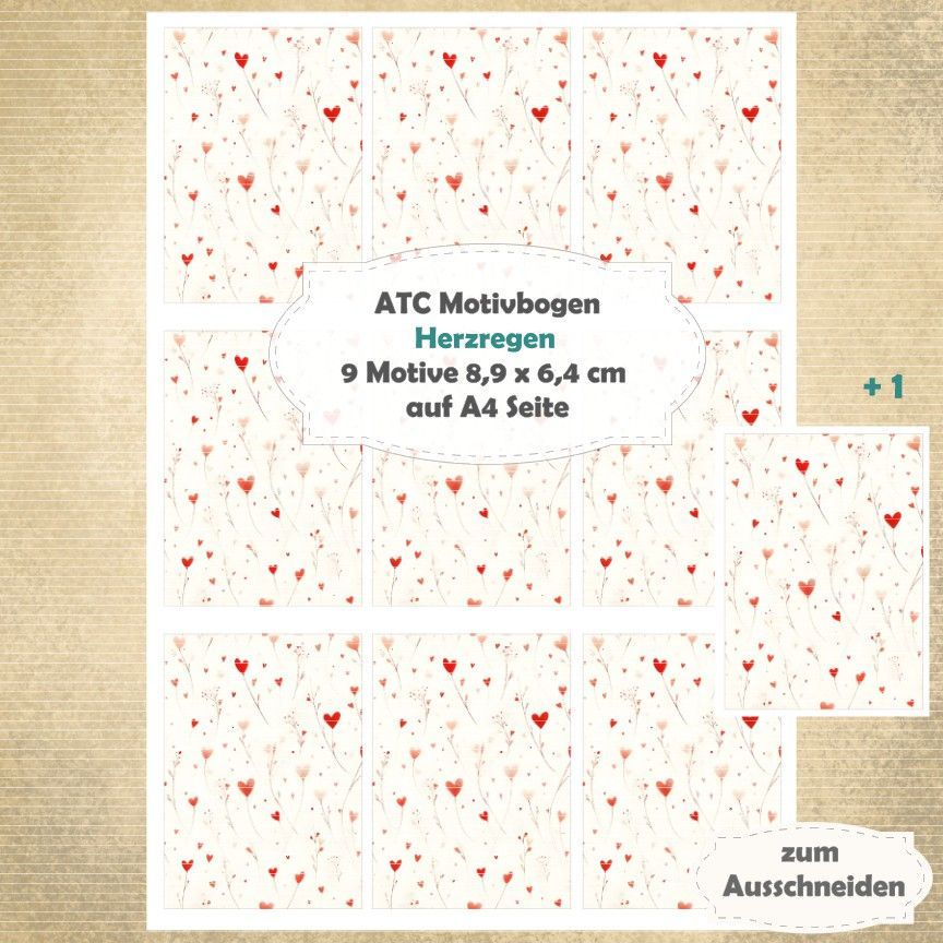 Herzregen - ATC Motivbogen - A4 - 1 Seite mit 9 Motiven Herzregen - ATC Motivbogen - A4 - 1 Seite mit 9 Motiven