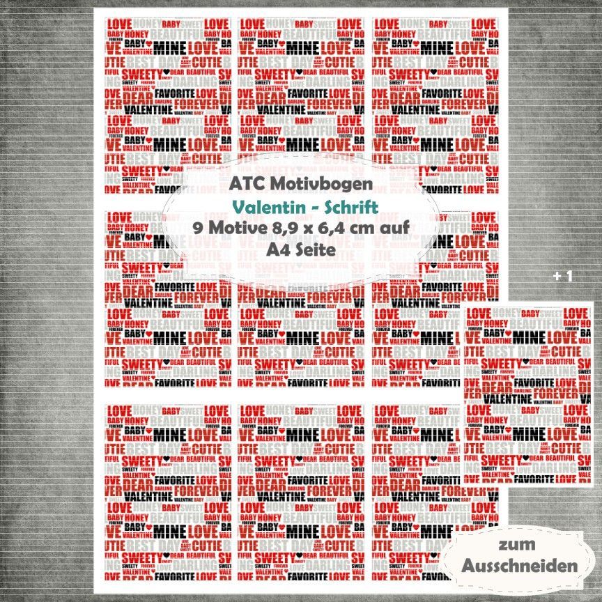 Valentin - Schrift - ATC Motivbogen - A4 - 1 Seite mit 9 Motiven Valentin - Schrift - ATC Motivbogen - A4 - 1 Seite mit 9 Motiven