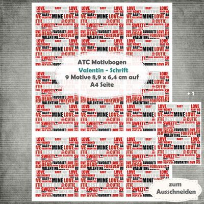 Valentin - Schrift - ATC Motivbogen - A4 - 1 Seite mit 9 Motiven
