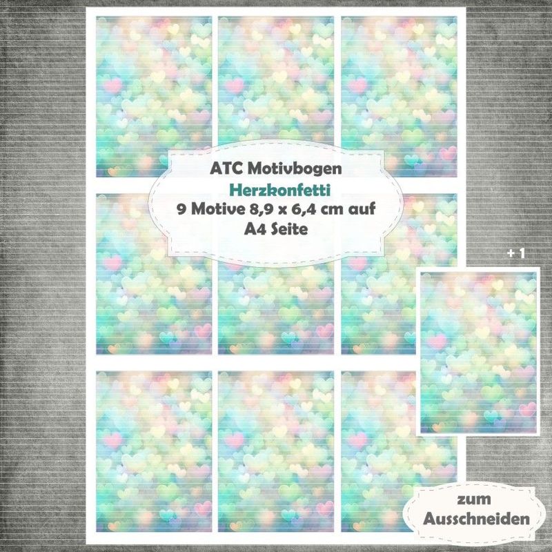 Herzkonfetti - ATC Motivbogen - A4 - 1 Seite mit 9 Motiven Herzkonfetti - ATC Motivbogen - A4 - 1 Seite mit 9 Motiven