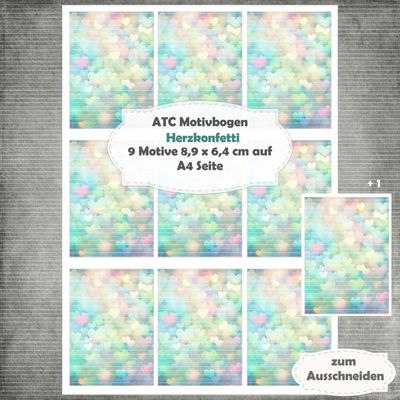 Herzkonfetti - ATC Motivbogen - A4 - 1 Seite mit 9 Motiven