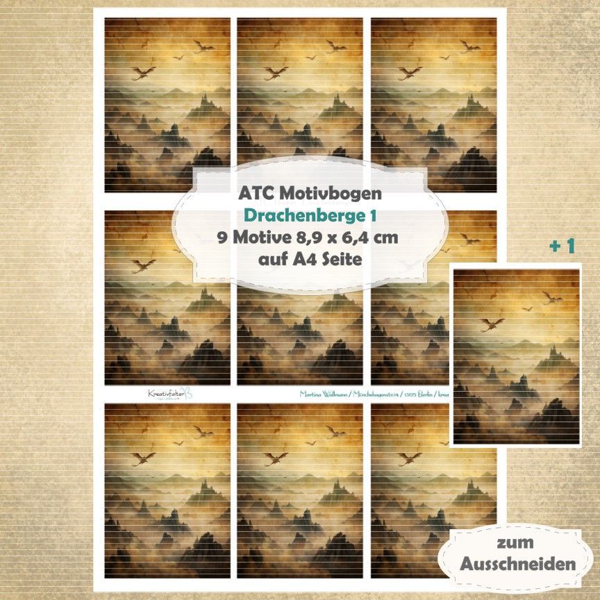 Drachenberge 1 - ATC Motivbogen - A4 Hochformat - 1 Seite mit 9 Motiven