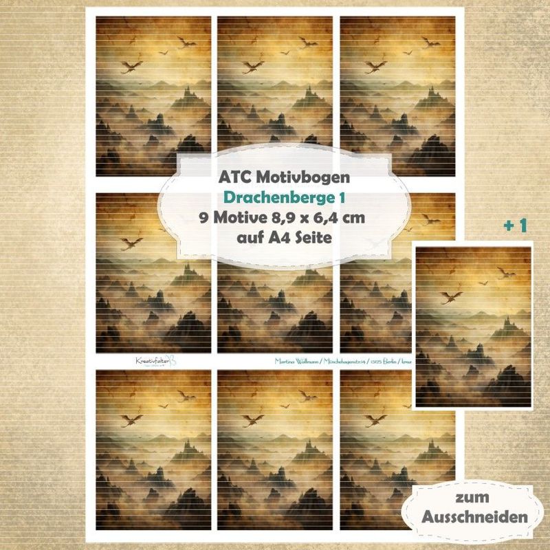 Drachenberge 1 - ATC Motivbogen - A4 Hochformat - 1 Seite mit 9 Motiven