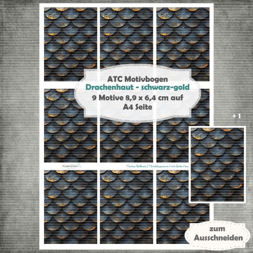Drachenhaut - schwarz/gold - ATC Motivbogen - A4 Hochformat - 1 Seite mit 9 Motiven