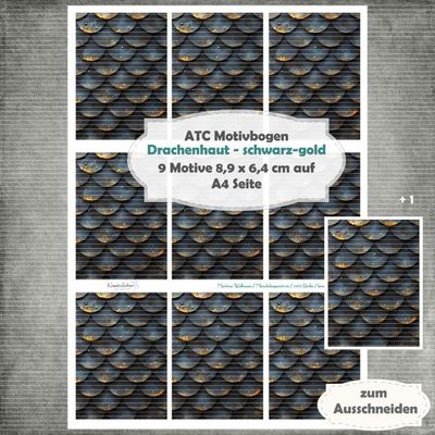 Drachenhaut - schwarz/gold - ATC Motivbogen - A4 Hochformat - 1 Seite mit 9 Motiven Drachenhaut - schwarz/gold - ATC Motivbogen - A4 Hochformat - 1 Seite mit 9 Motiven