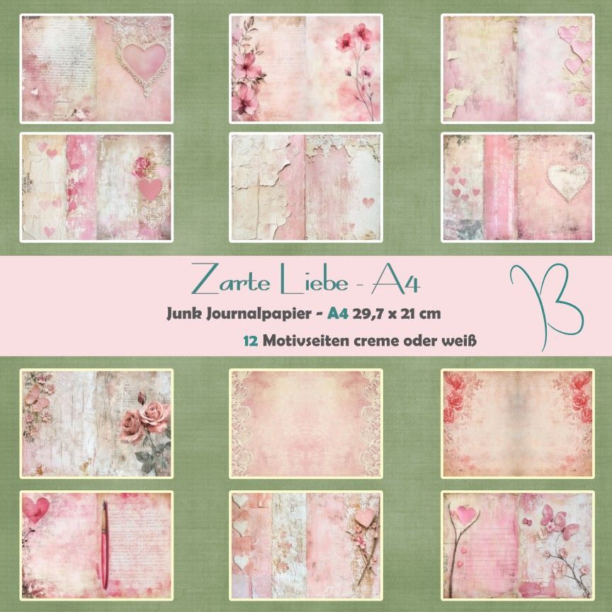 Zarte Liebe - A4 - Junk Journal Seiten - quer - 12 Seiten Zarte Liebe - A4 - Junk Journal Seiten - quer - 12 Seiten