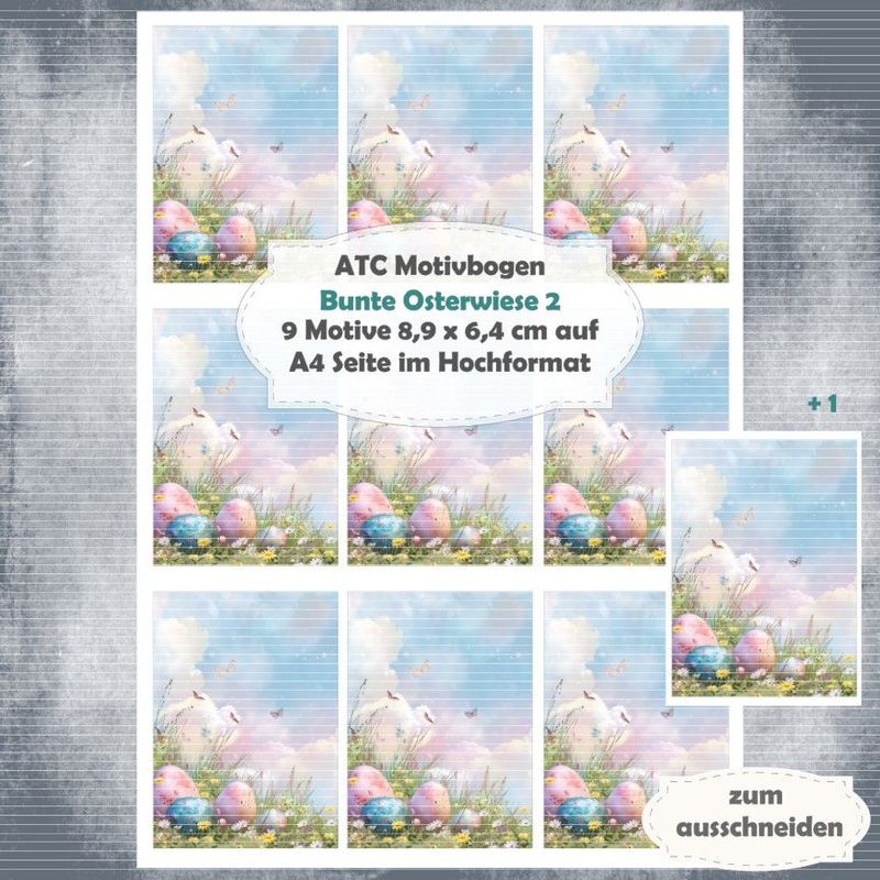 Bunte Osterwiese 2 - ATC Motivbogen - A4 Querformat - 1 Seite mit 9 Motiven