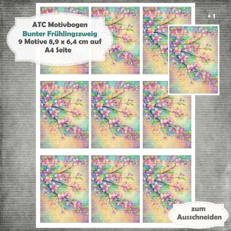 Bunter Frühlingszweig - ATC Motivbogen - A4 Querformat - 1 Seite mit 9 Motiven