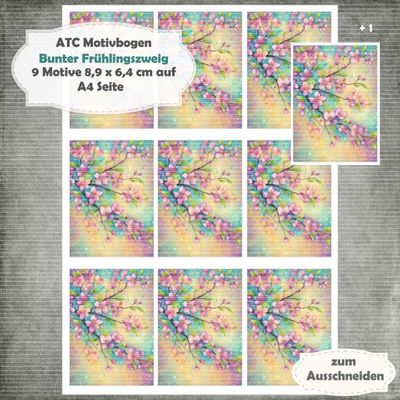 Bunter Frühlingszweig - ATC Motivbogen - A4 Querformat - 1 Seite mit 9 Motiven