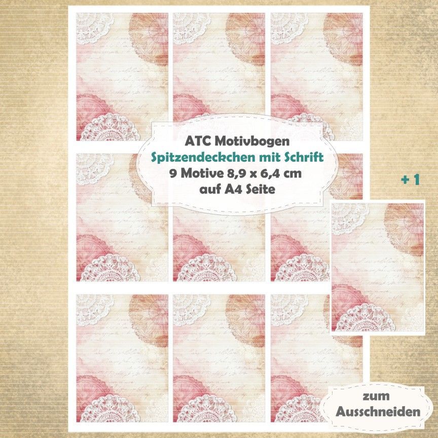 Spitzendeckchen mit Schrift - ATC Motivbogen - A4 - 1 Seite mit 9 Motiven Spitzendeckchen mit Schrift - ATC Motivbogen - A4 - 1 Seite mit 9 Motiven